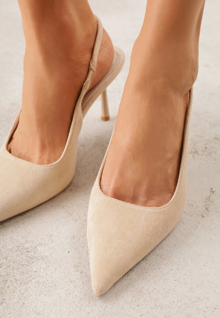 Beżowe Sandały Slingback na Szpilce z Imitacji Zamszu Carilona