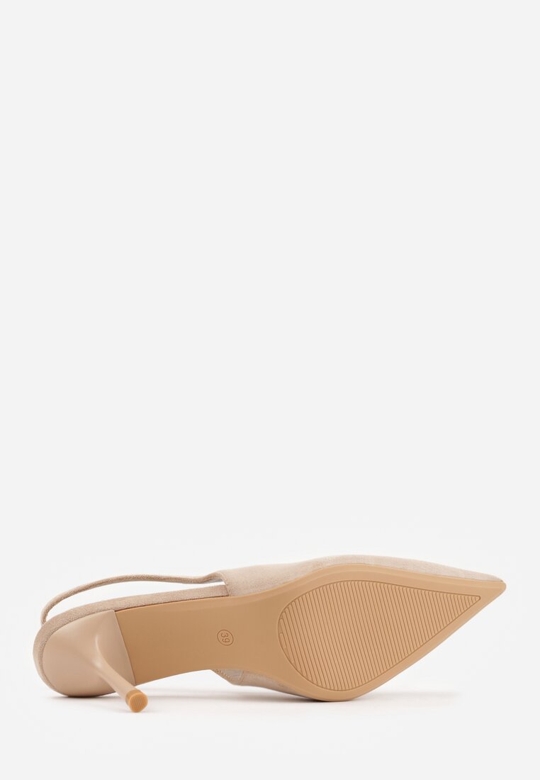 Ciemnobeżowe Sandały z Imitacji Zamszu na Szpilce z Odkrytą Piętą Adrasiphaeia