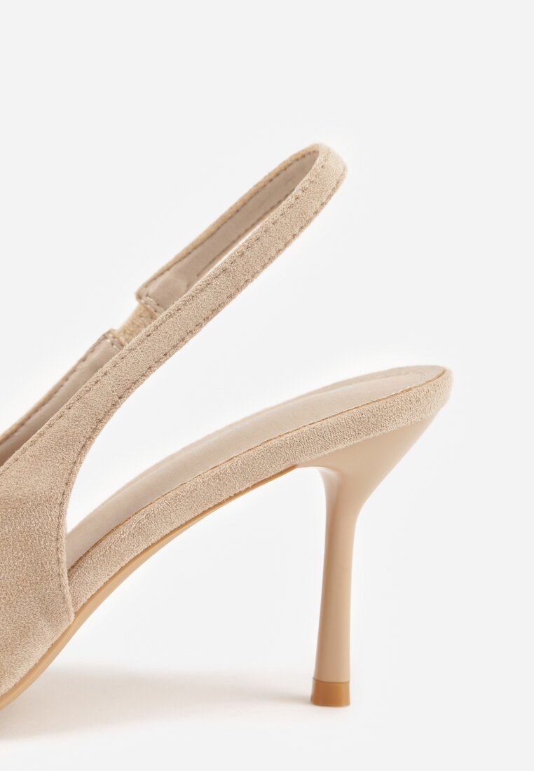 Ciemnobeżowe Sandały z Imitacji Zamszu na Szpilce z Odkrytą Piętą Adrasiphaeia