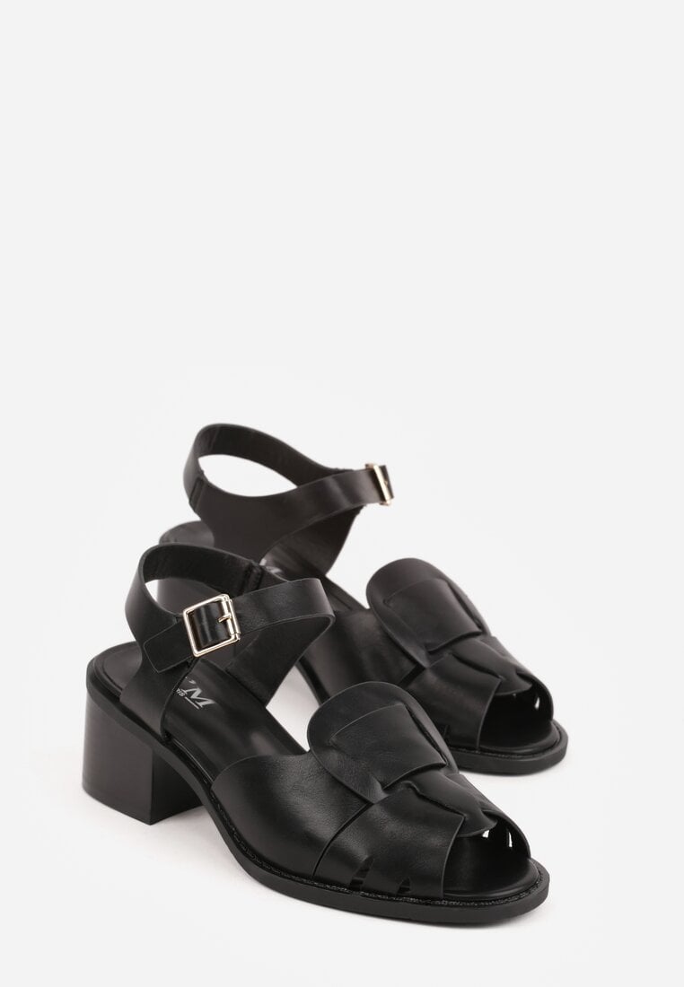 Czarne Sandały na Słupku z Geometryczną Cholewką Aiganele