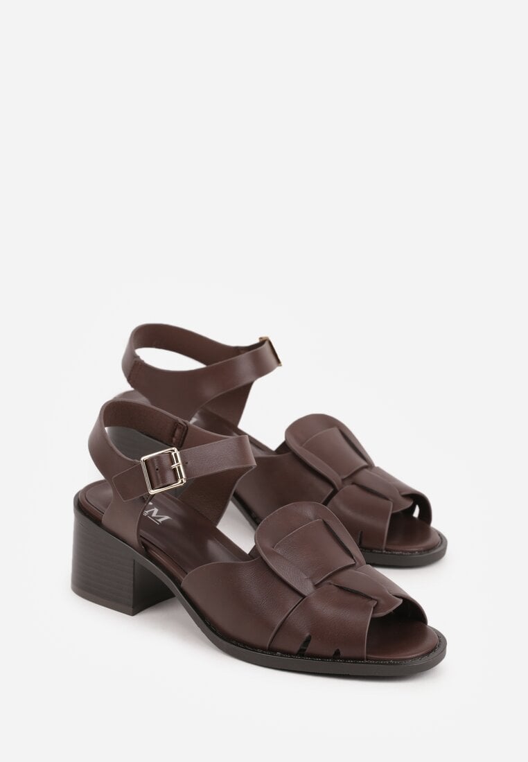 Ciemnobrązowe Sandały na Słupku z Geometryczną Cholewką Aiganele