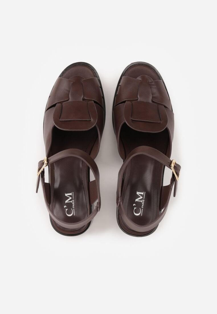 Ciemnobrązowe Sandały na Słupku z Geometryczną Cholewką Aiganele