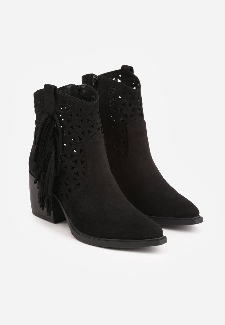 Czarne Ażurowe Botki Typu Kowbojki na Stożku Ozdobione Frędzlami Pentora