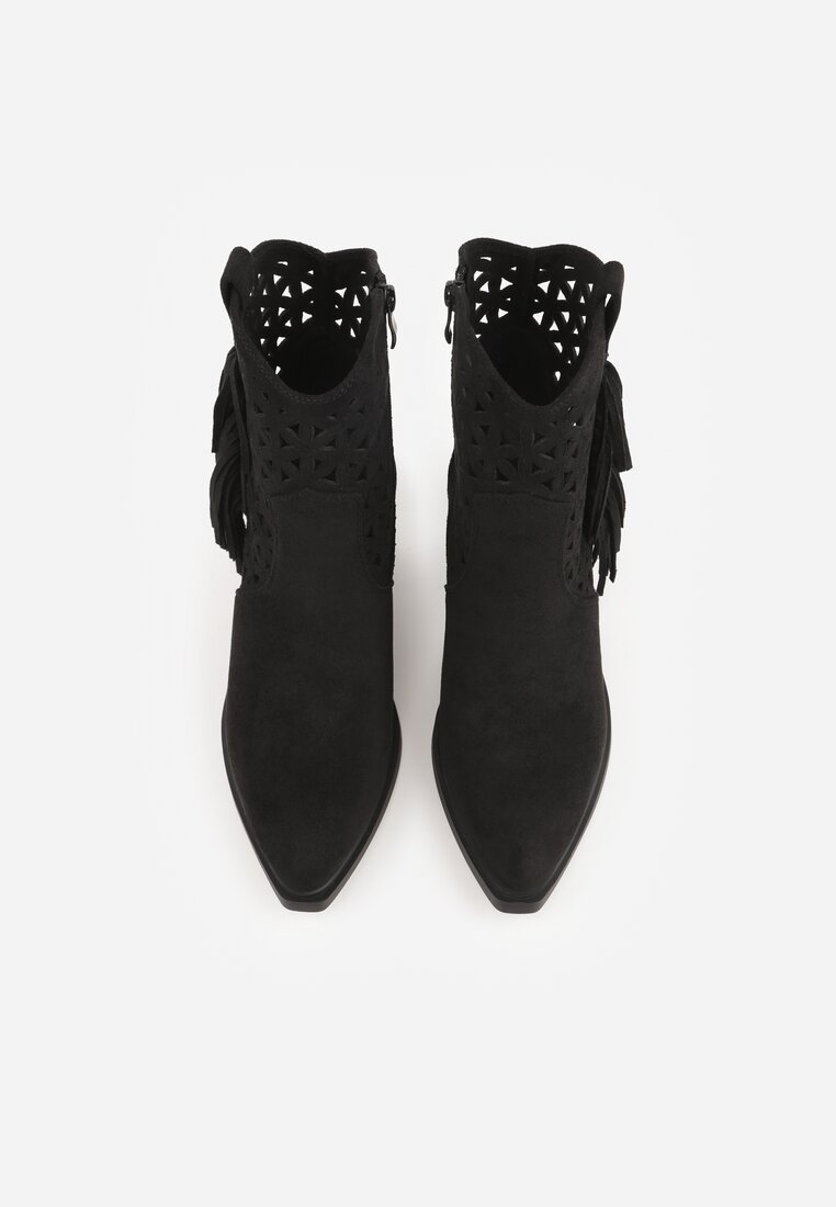 Czarne Ażurowe Botki Typu Kowbojki na Stożku Ozdobione Frędzlami Pentora