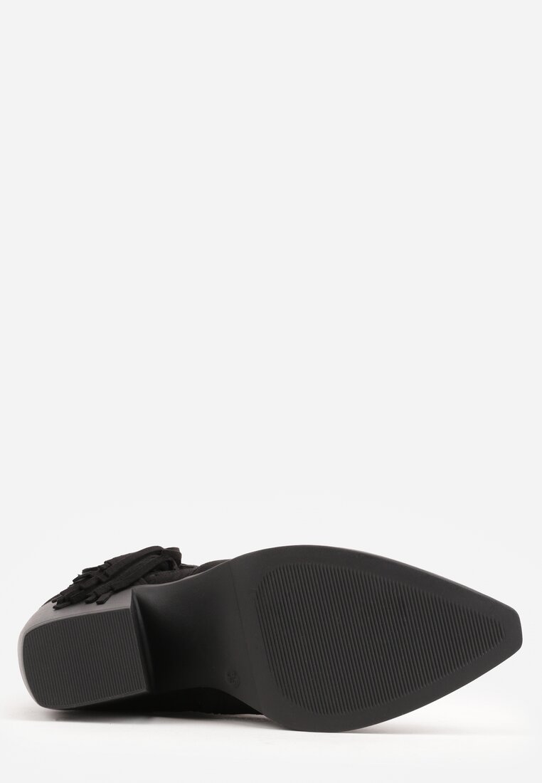 Czarne Ażurowe Botki Typu Kowbojki na Stożku Ozdobione Frędzlami Pentora