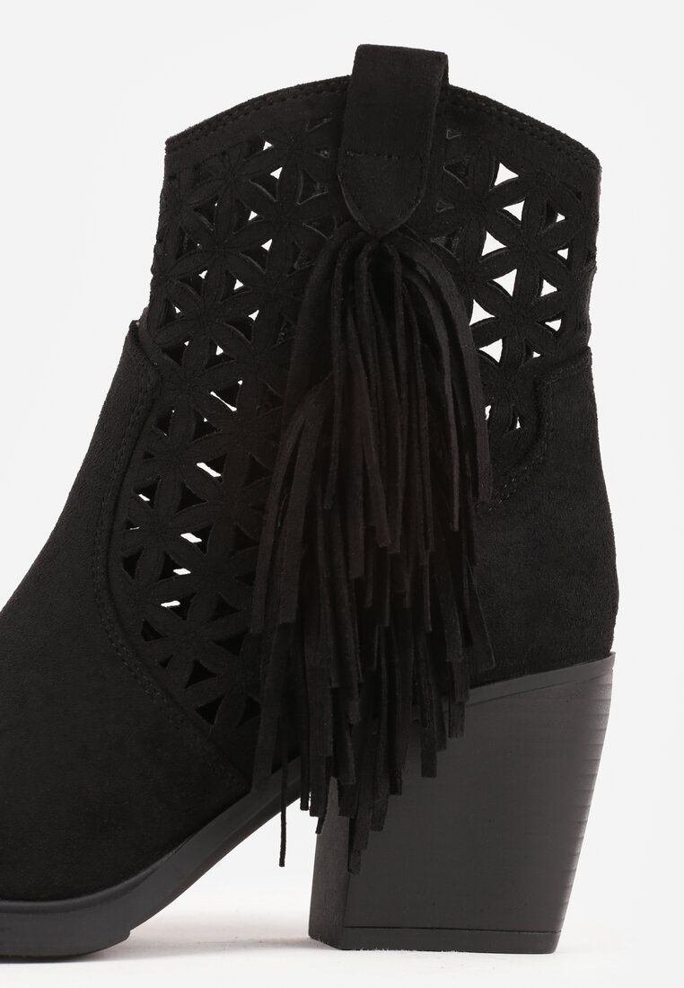 Czarne Ażurowe Botki Typu Kowbojki na Stożku Ozdobione Frędzlami Pentora