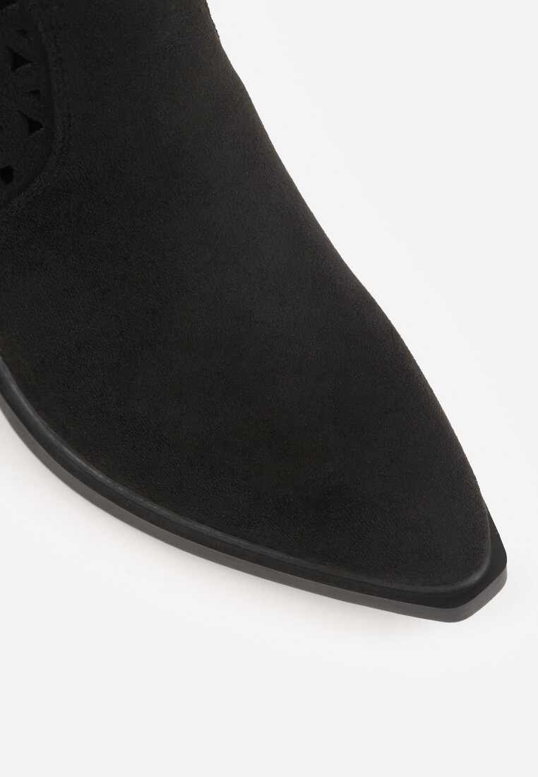 Czarne Ażurowe Botki Typu Kowbojki na Stożku Ozdobione Frędzlami Pentora