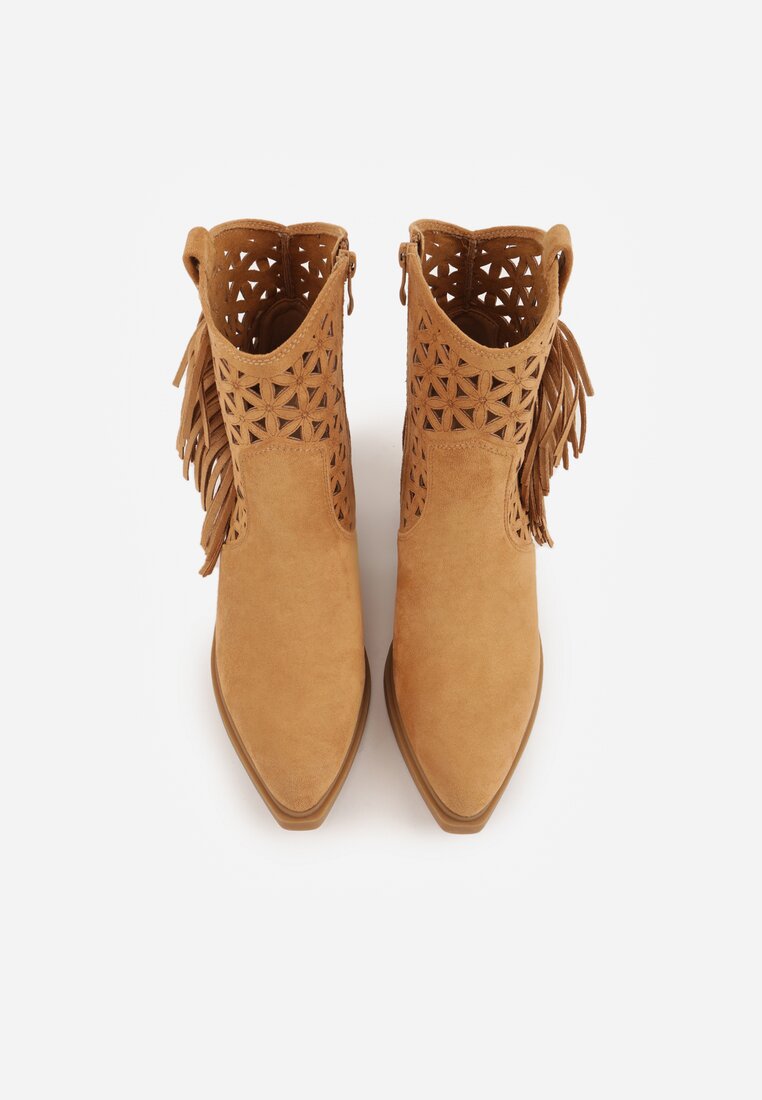 Brązowe Ażurowe Botki Typu Kowbojki na Stożku Ozdobione Frędzlami Pentora