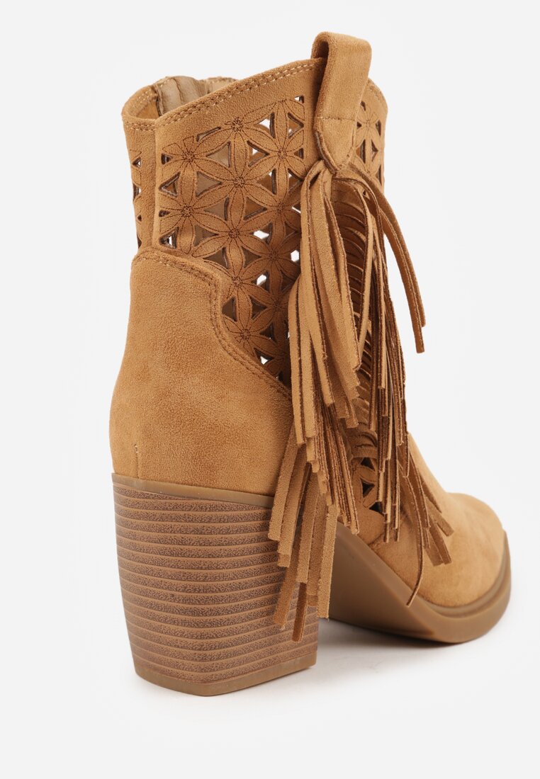Brązowe Ażurowe Botki Typu Kowbojki na Stożku Ozdobione Frędzlami Pentora