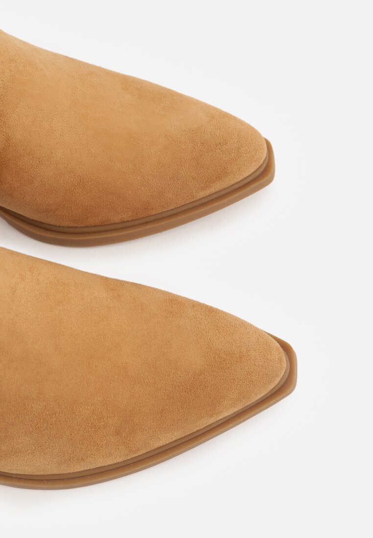 Brązowe Ażurowe Botki Typu Kowbojki na Stożku Ozdobione Frędzlami Pentora