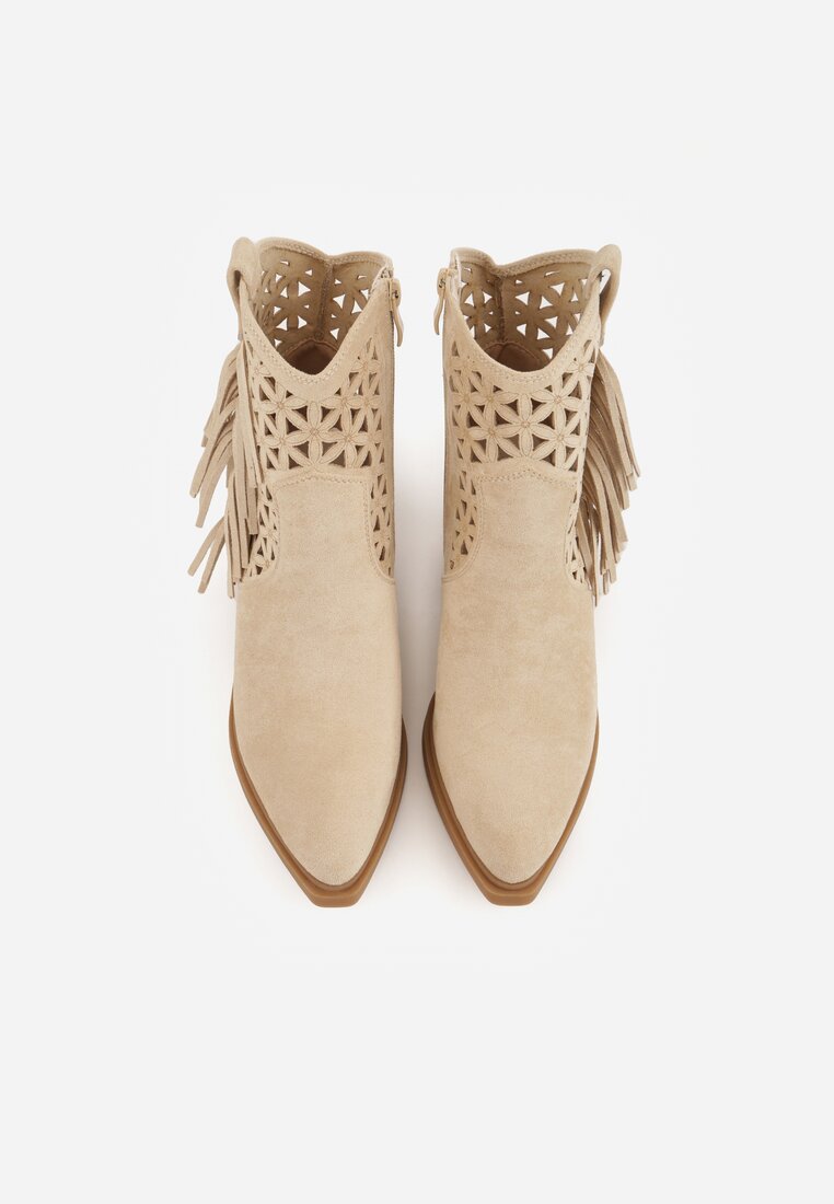 Beżowe Ażurowe Botki Typu Kowbojki na Stożku Ozdobione Frędzlami Pentora