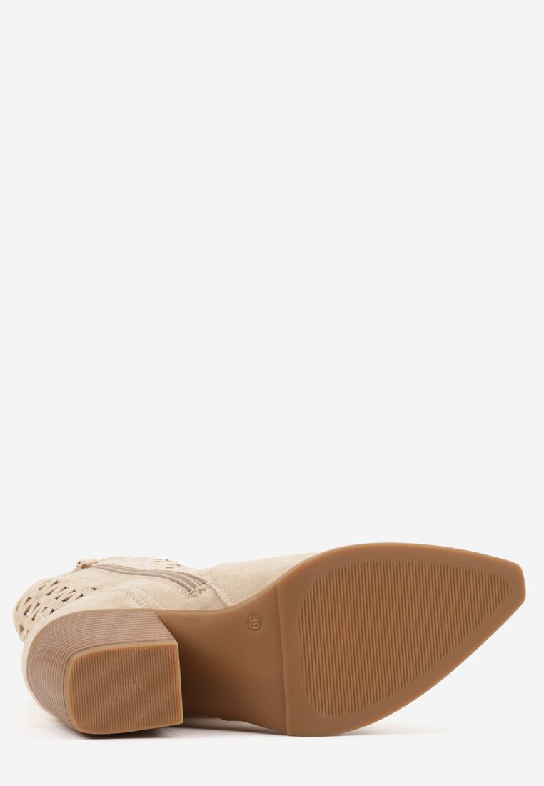 Beżowe Ażurowe Botki Typu Kowbojki na Stożku Ozdobione Frędzlami Pentora