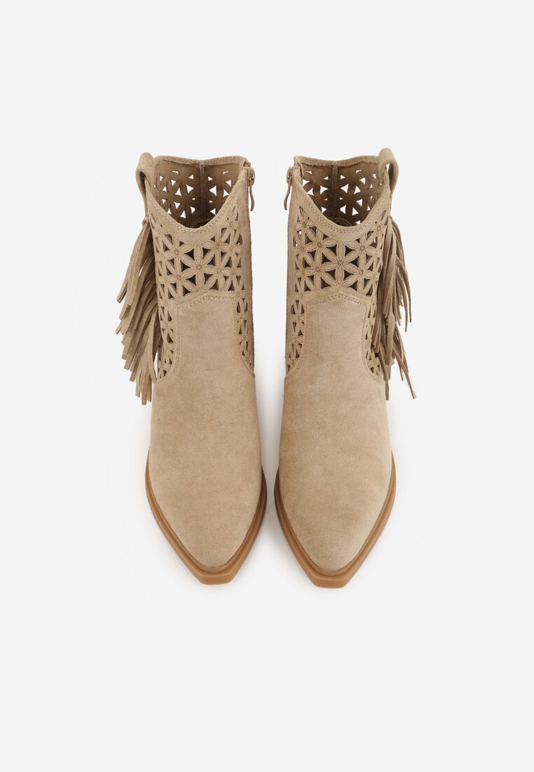 Ciemnobeżowe Ażurowe Botki Typu Kowbojki na Stożku Ozdobione Frędzlami Pentora