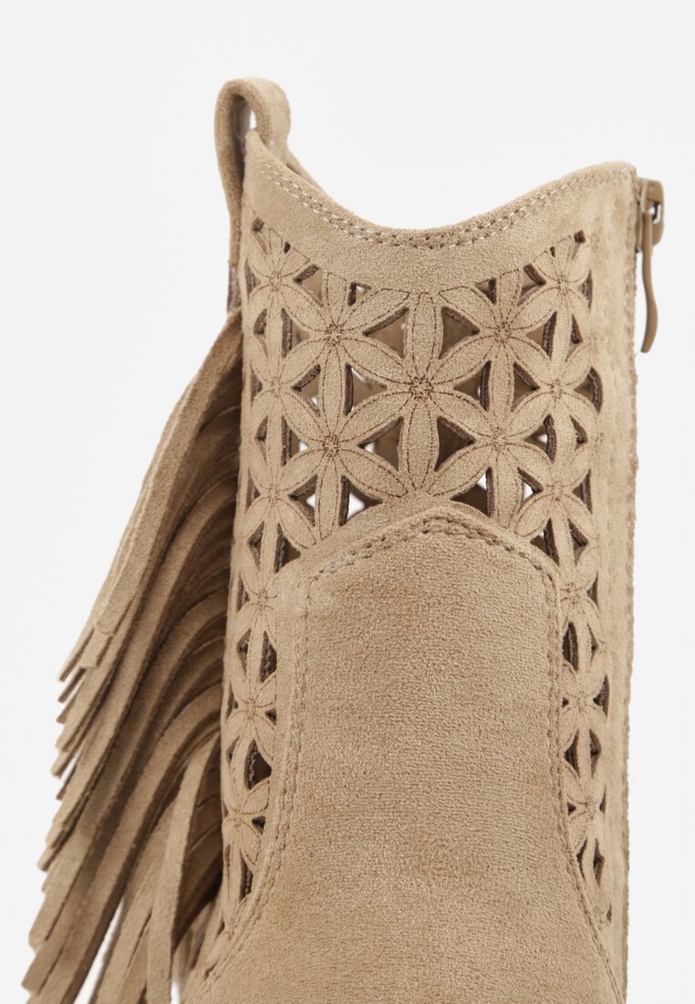 Ciemnobeżowe Ażurowe Botki Typu Kowbojki na Stożku Ozdobione Frędzlami Pentora