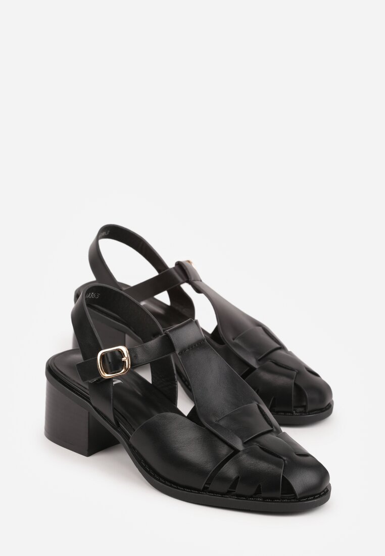 Czarne Sandały na Słupku Ozdobione Wycięciami Rharlan