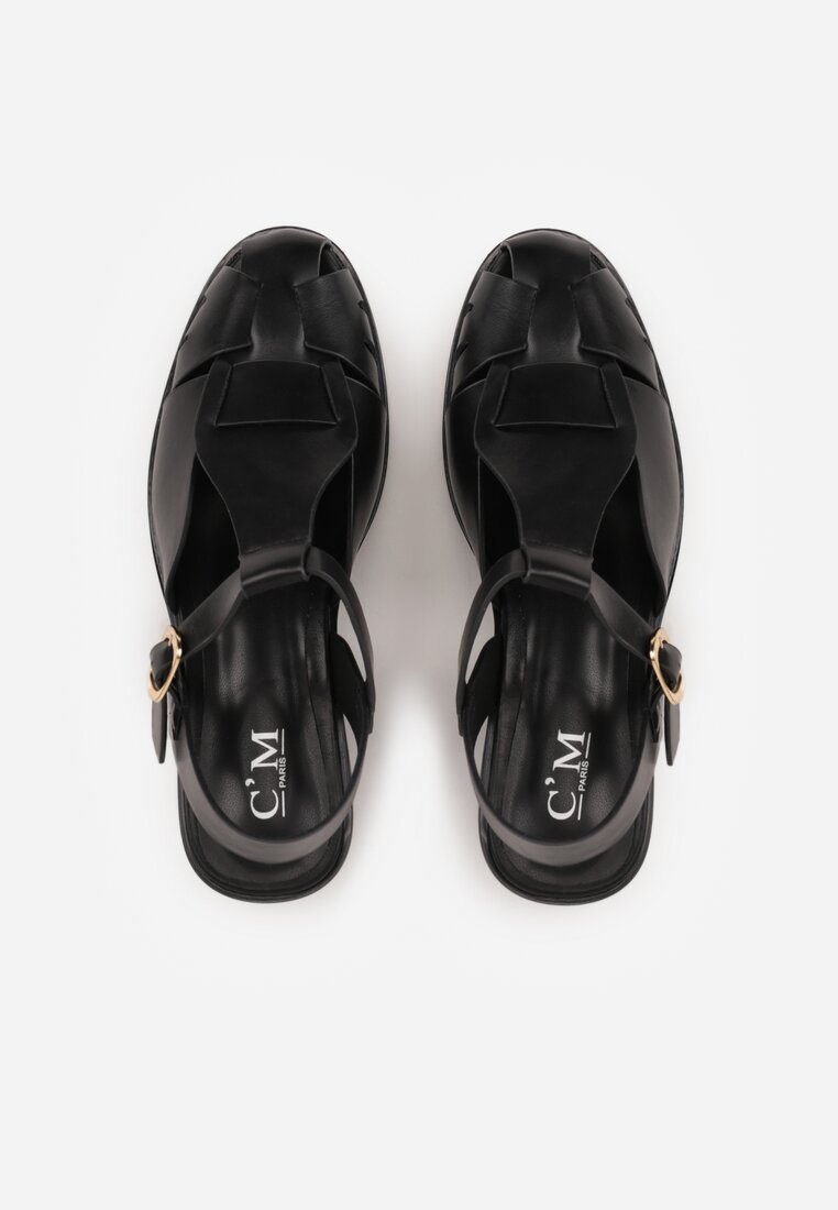 Czarne Sandały na Słupku Ozdobione Wycięciami Rharlan