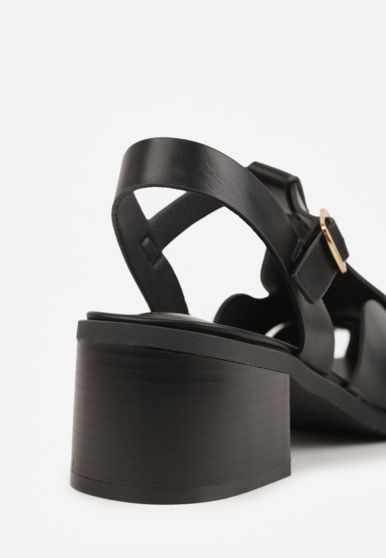 Czarne Sandały na Słupku Ozdobione Wycięciami Rharlan