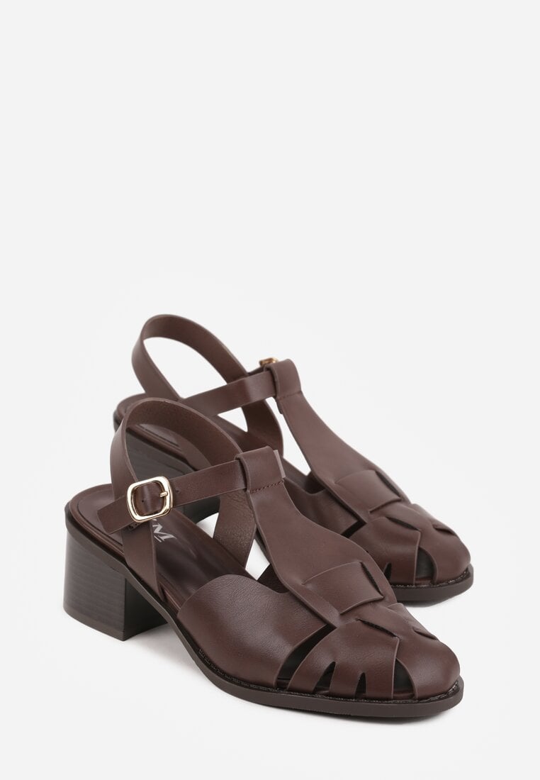 Ciemnobrązowe Sandały na Słupku Ozdobione Wycięciami Rharlan