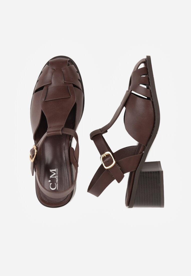 Ciemnobrązowe Sandały na Słupku Ozdobione Wycięciami Rharlan