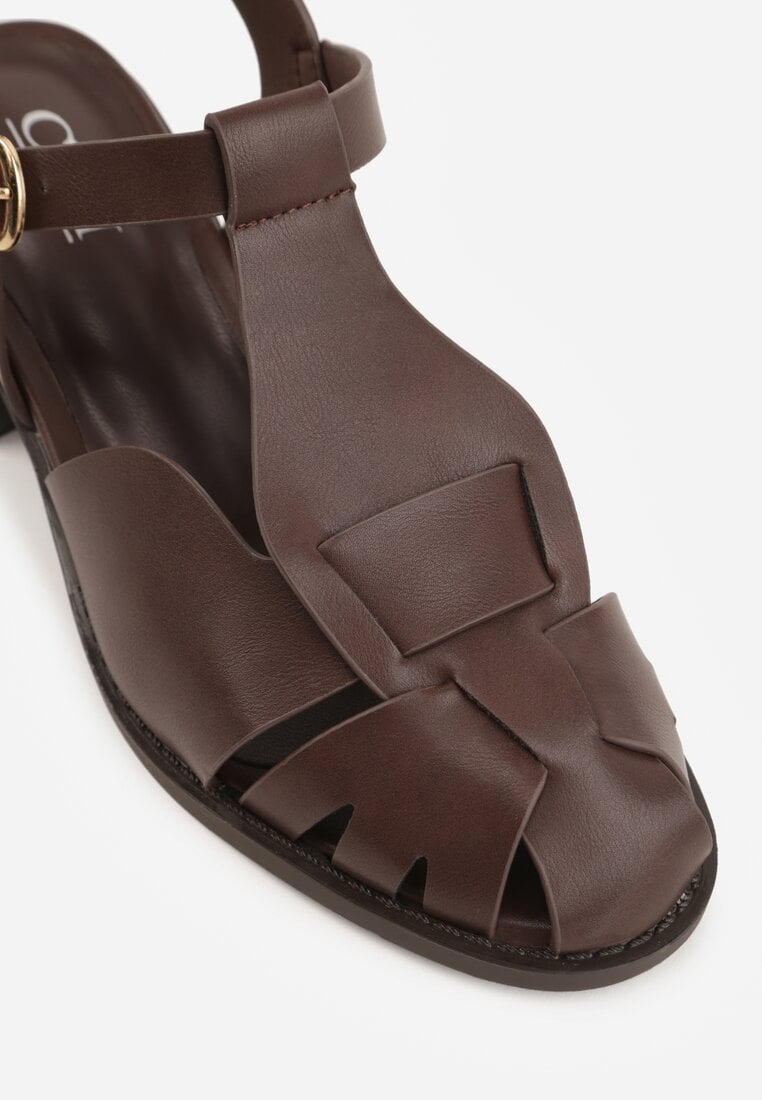Ciemnobrązowe Sandały na Słupku Ozdobione Wycięciami Rharlan