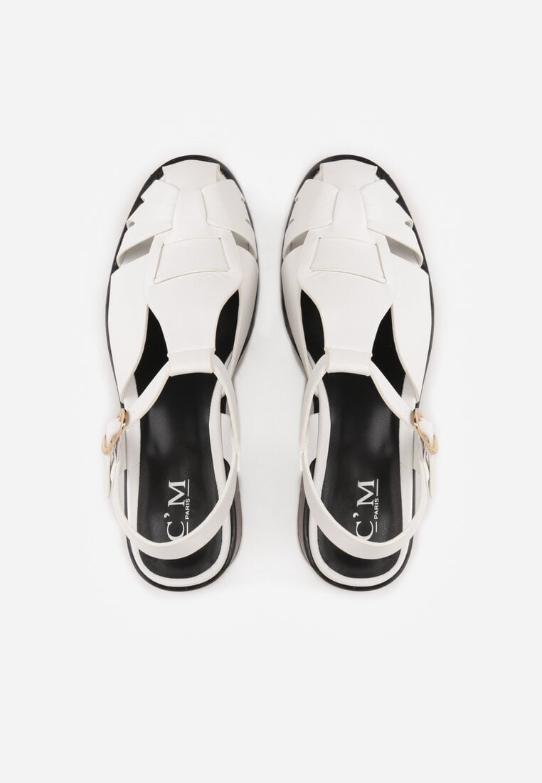 Białe Sandały na Słupku Ozdobione Wycięciami Rharlan