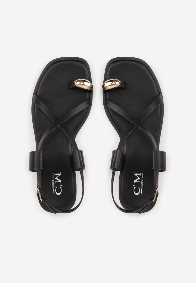 Czarne Sandały Typu Japonki Ozdobione Metaliczną Aplikacją Grynyra