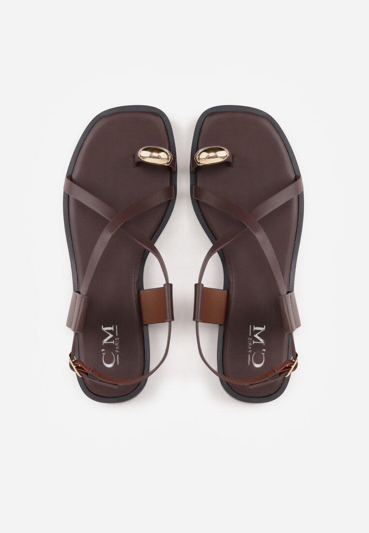 Ciemnobrązowe Sandały Typu Japonki Ozdobione Metaliczną Aplikacją Grynyra