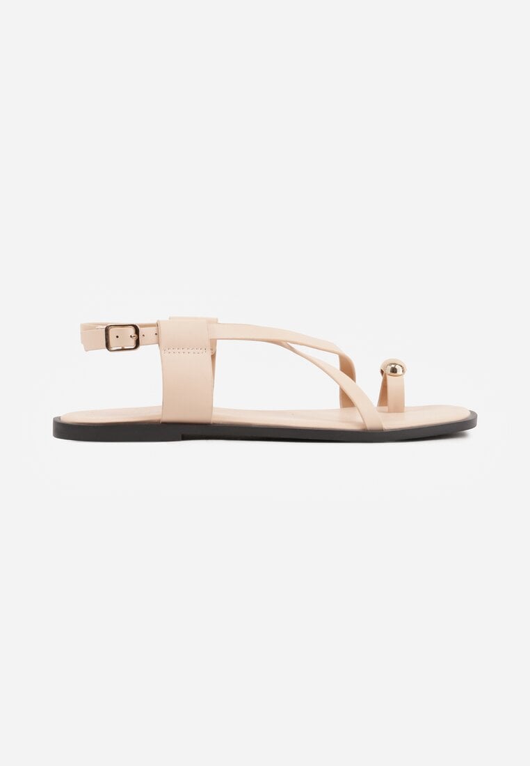 Beżowe Sandały Typu Japonki Ozdobione Metaliczną Aplikacją Grynyra