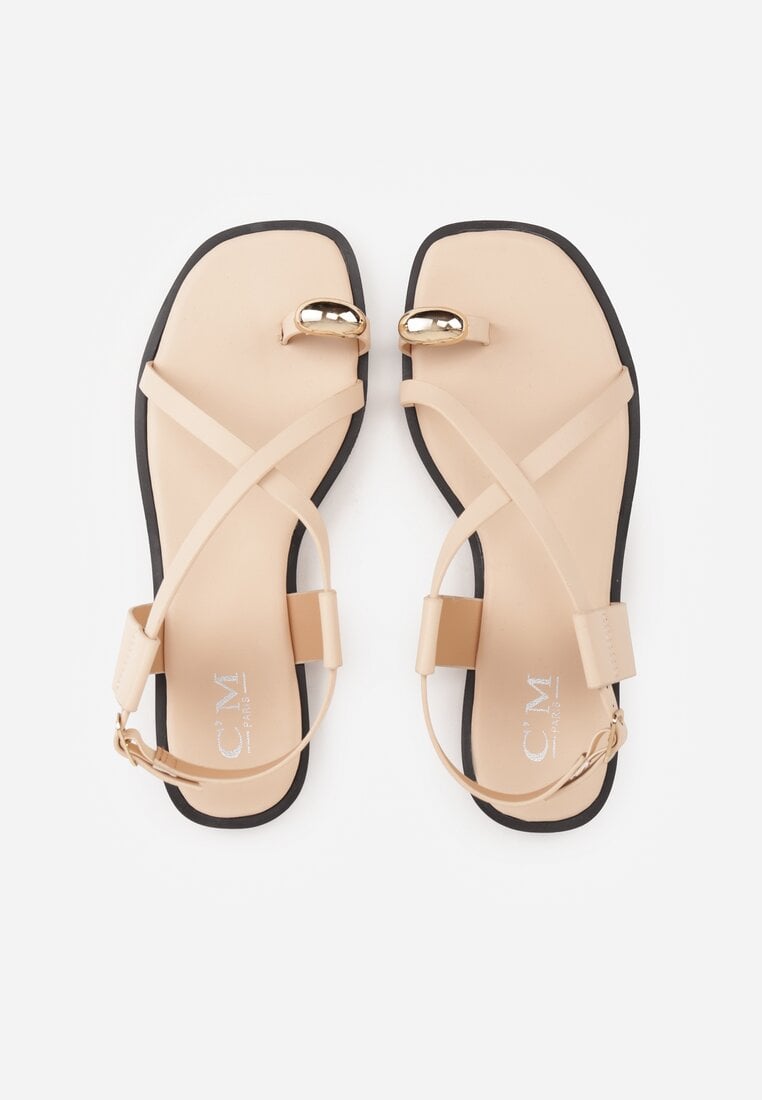 Beżowe Sandały Typu Japonki Ozdobione Metaliczną Aplikacją Grynyra