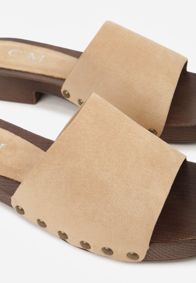 Beżowe Klapki z Nitami Lephiaphe