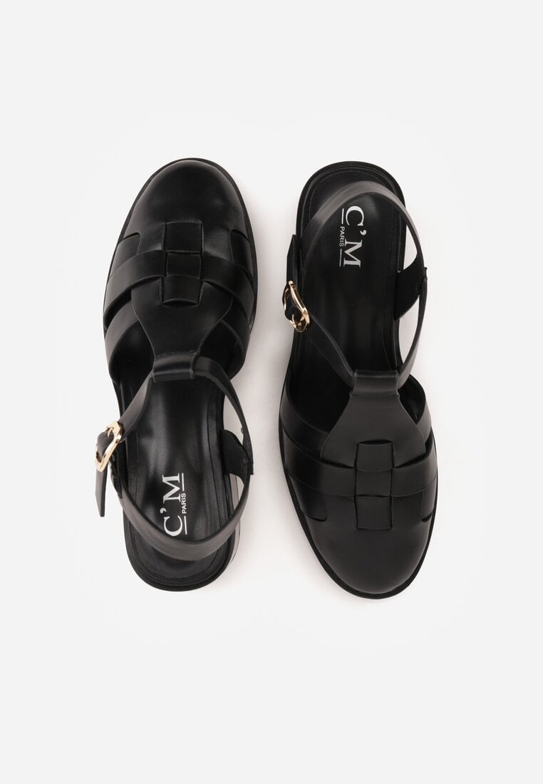 Czarne Sandały na Stożku Ozdobione Geometryczną Cholewką Peripe