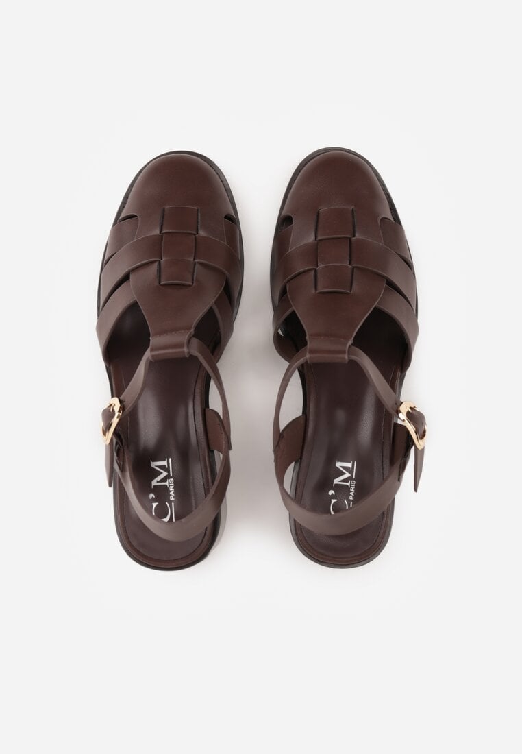 Ciemnobrązowe Sandały na Stożku Ozdobione Geometryczną Cholewką Peripe