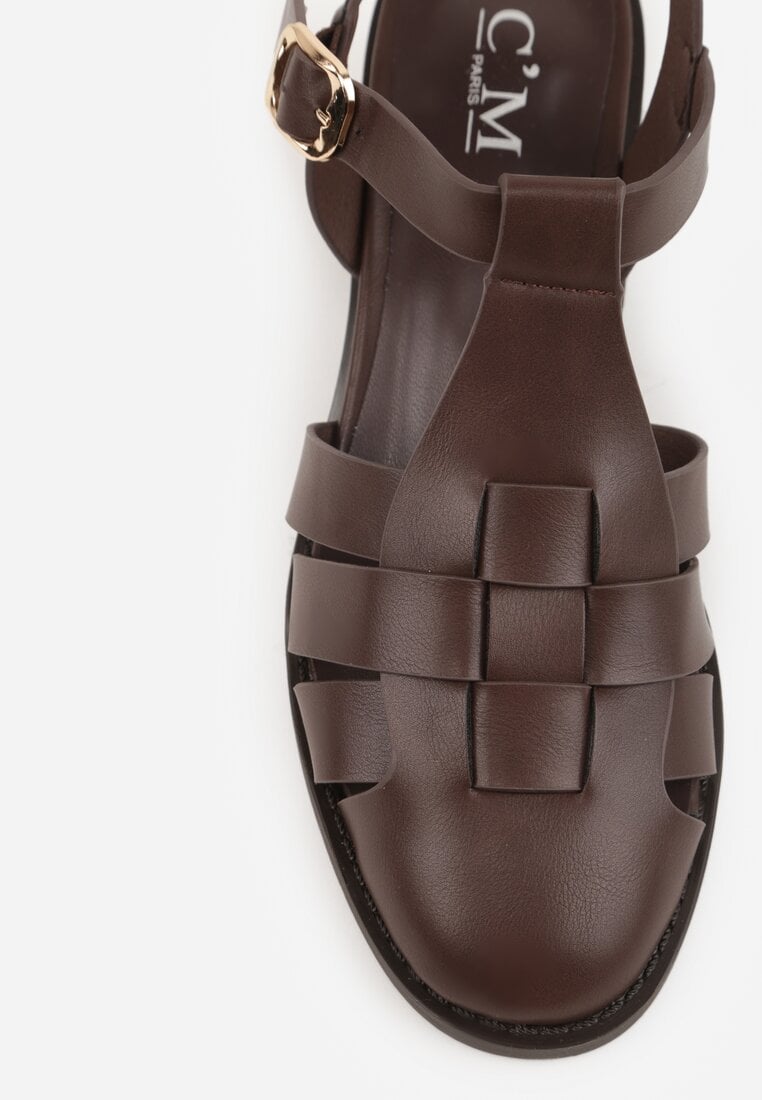 Ciemnobrązowe Sandały na Stożku Ozdobione Geometryczną Cholewką Peripe