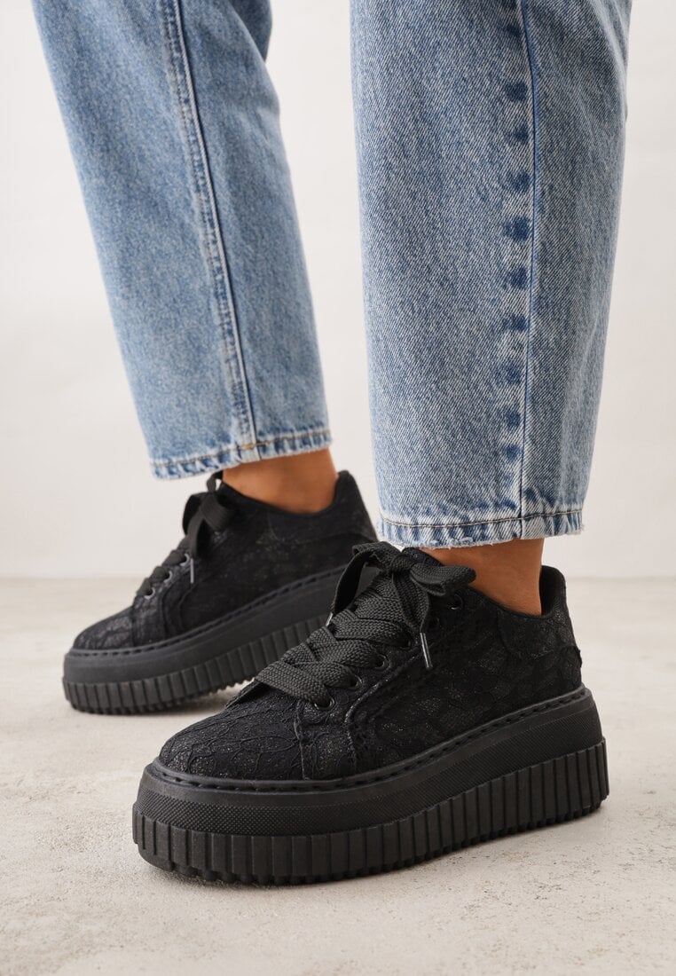 Czarne Koronkowe Sneakersy na Platformie z Tłoczeniem i Brokatem Phisnell