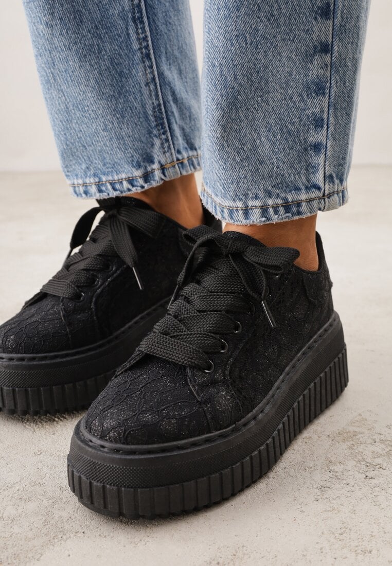 Czarne Koronkowe Sneakersy na Platformie z Tłoczeniem i Brokatem Phisnell