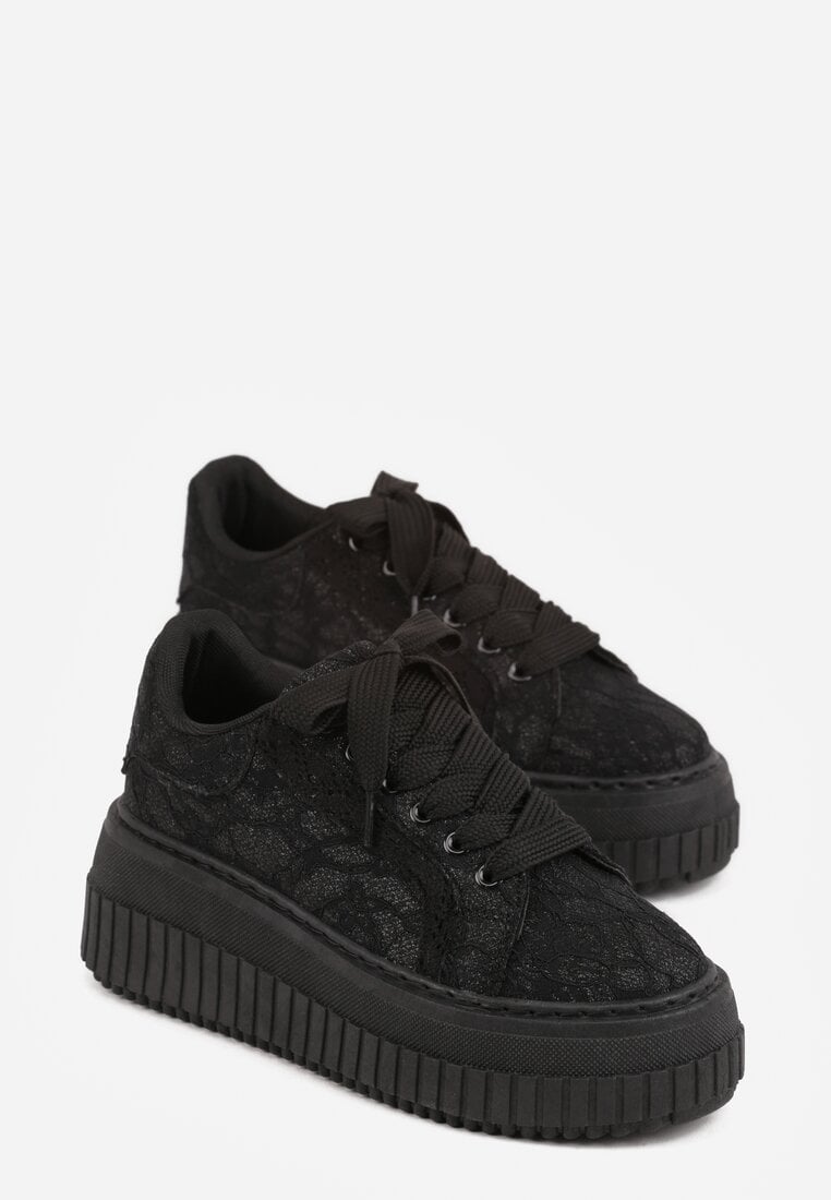 Czarne Koronkowe Sneakersy na Platformie z Tłoczeniem i Brokatem Phisnell