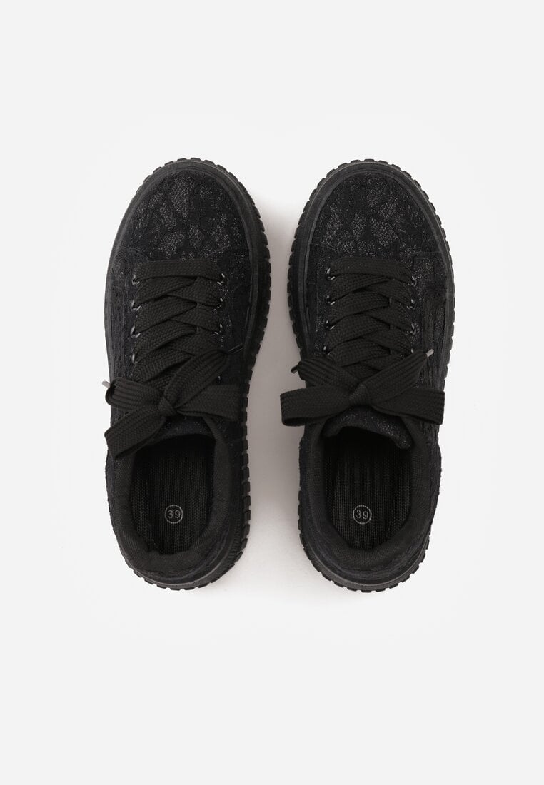 Czarne Koronkowe Sneakersy na Platformie z Tłoczeniem i Brokatem Phisnell
