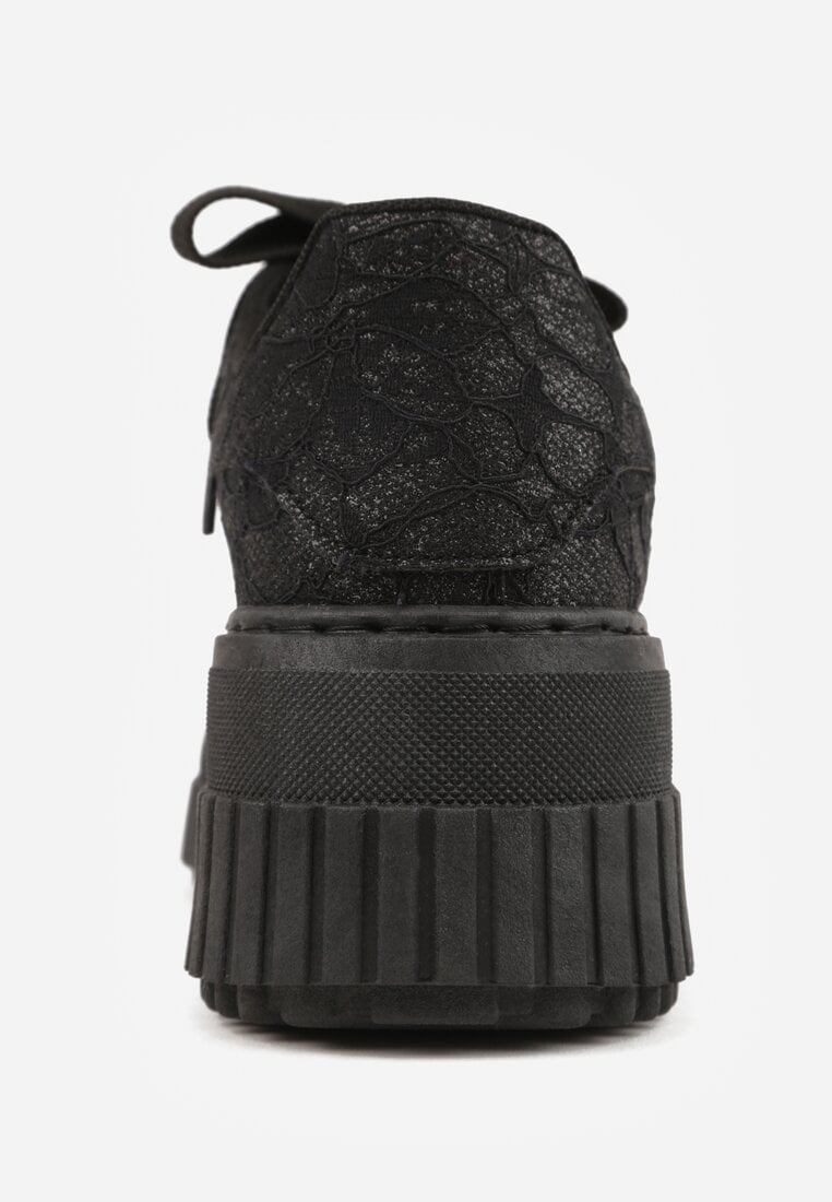 Czarne Koronkowe Sneakersy na Platformie z Tłoczeniem i Brokatem Phisnell