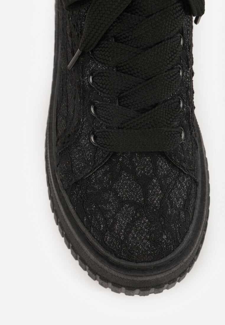 Czarne Koronkowe Sneakersy na Platformie z Tłoczeniem i Brokatem Phisnell