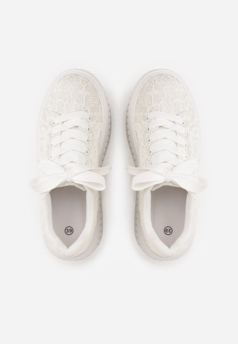Białe Koronkowe Sneakersy na Platformie z Tłoczeniem i Brokatem Phisnell