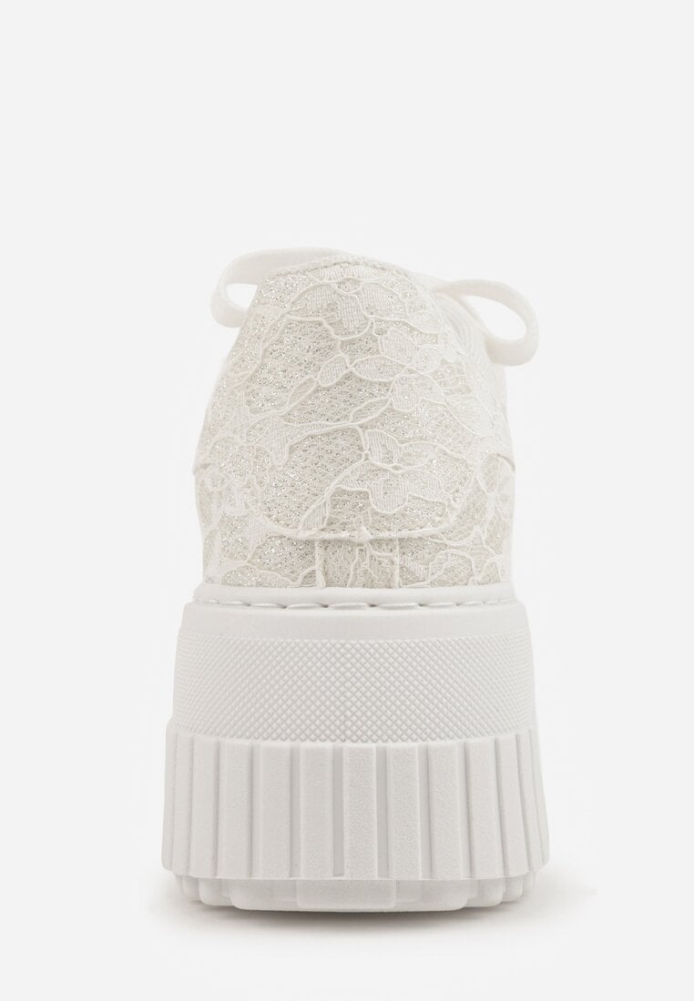 Białe Koronkowe Sneakersy na Platformie z Tłoczeniem i Brokatem Phisnell