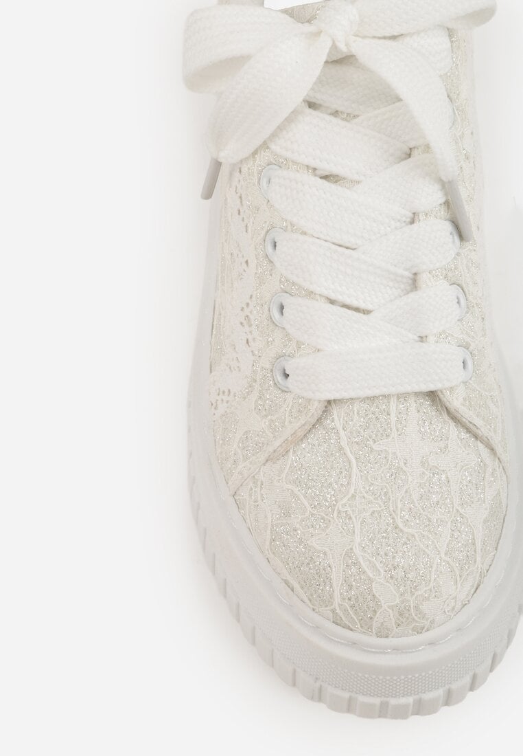 Białe Koronkowe Sneakersy na Platformie z Tłoczeniem i Brokatem Phisnell
