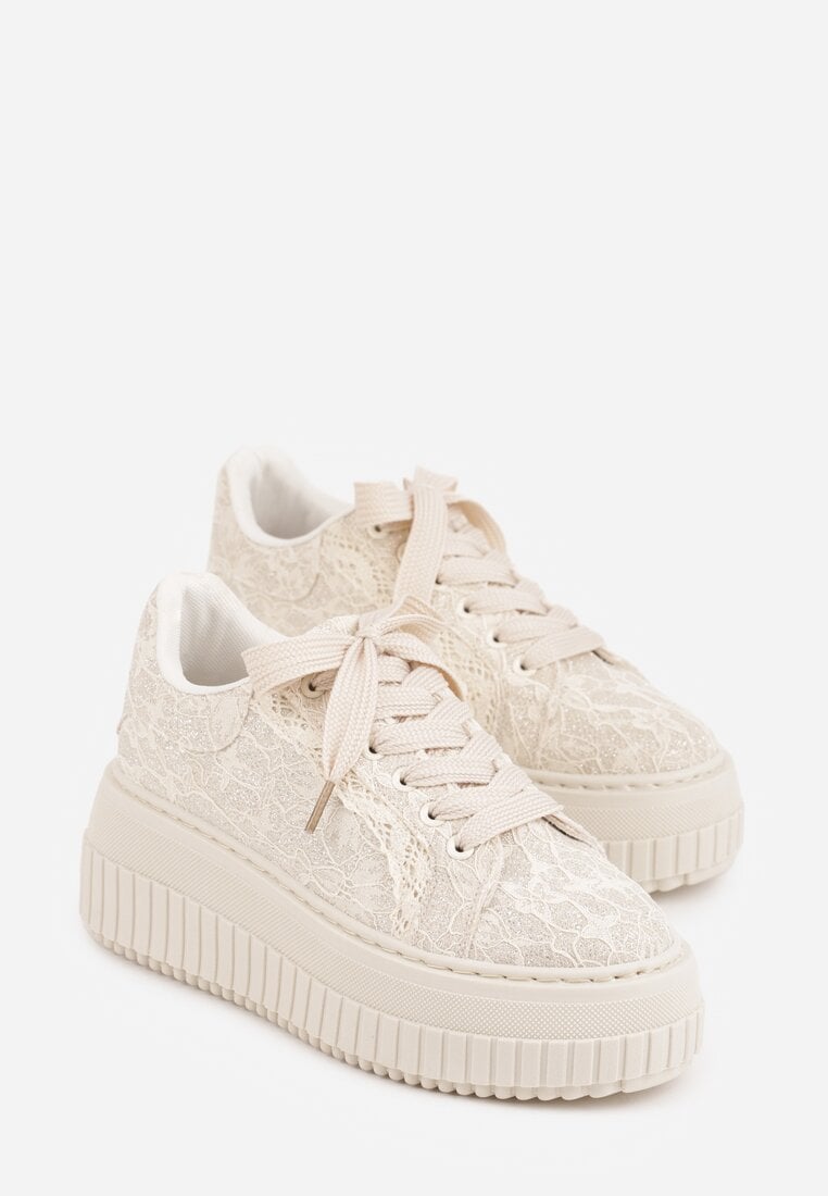 Beżowe Koronkowe Sneakersy na Platformie z Tłoczeniem i Brokatem Phisnell