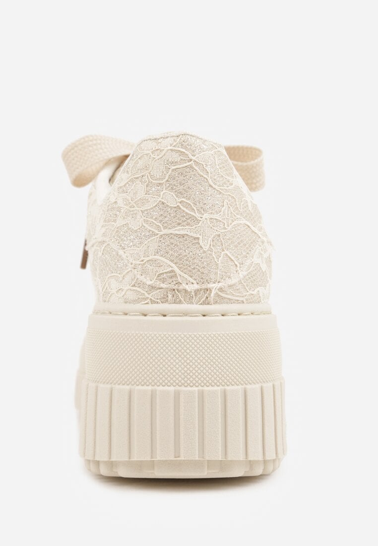 Beżowe Koronkowe Sneakersy na Platformie z Tłoczeniem i Brokatem Phisnell