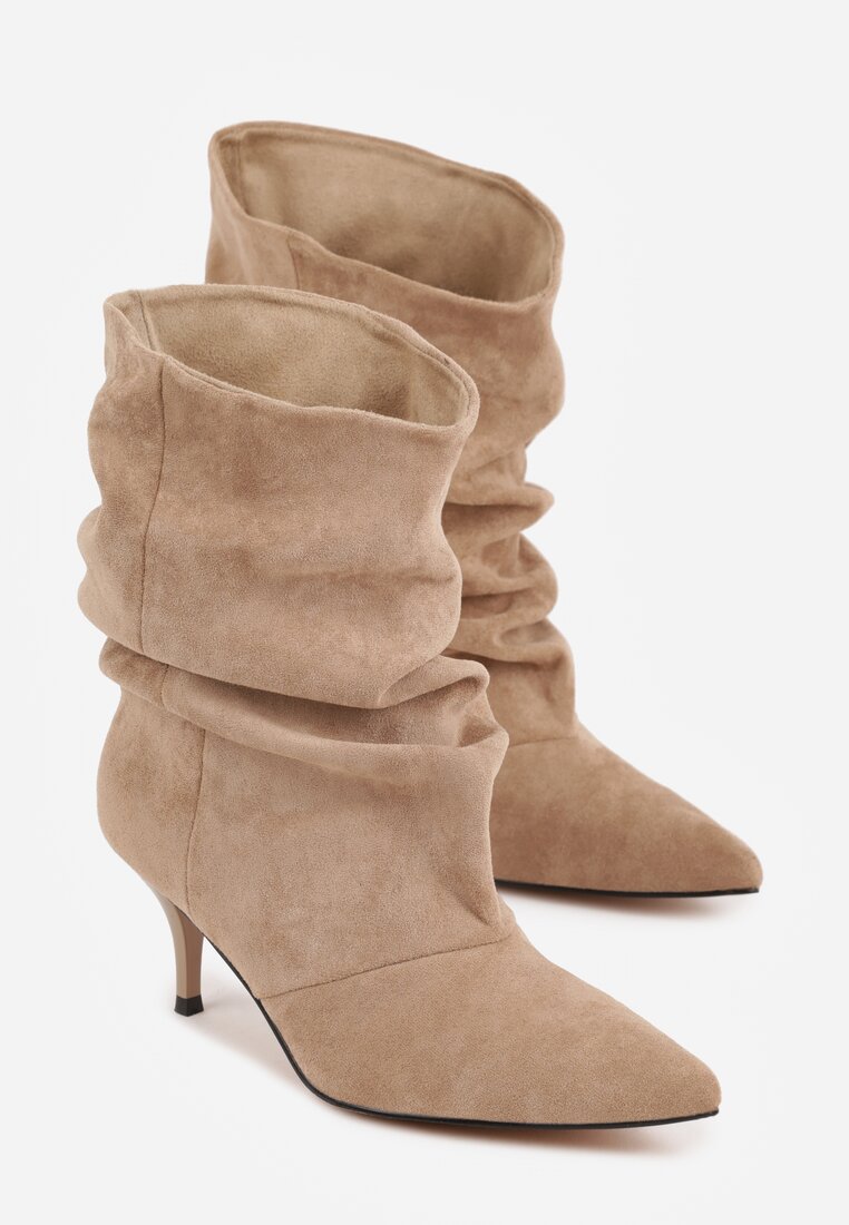 Ciemnobeżowe Botki na Szpilce Typu Slouchy Anitai
