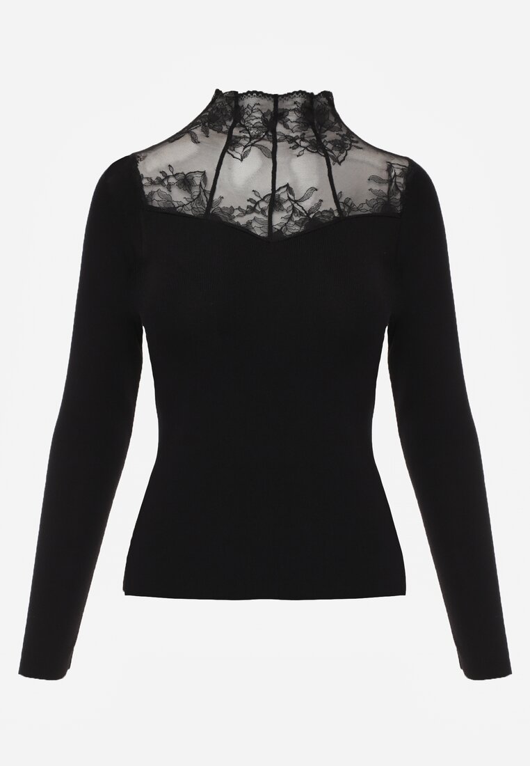 Czarny Sweter z Półgolfem z Wiskozą o Dopasowanym Kroju Zdobiony Koronką Oceanus