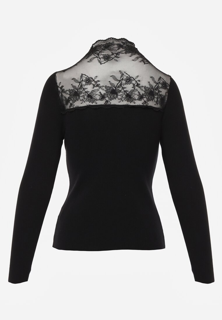 Czarny Sweter z Półgolfem z Wiskozą o Dopasowanym Kroju Zdobiony Koronką Oceanus