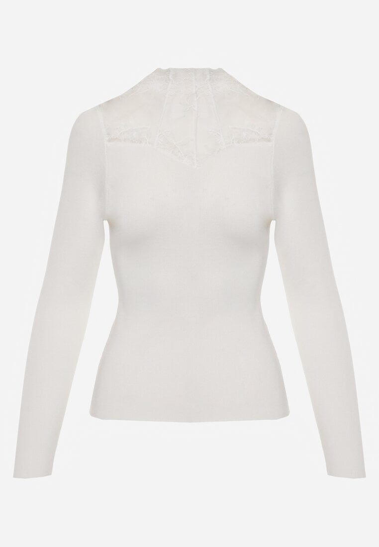 Biały Sweter z Półgolfem z Wiskozą o Dopasowanym Kroju Zdobiony Koronką Oceanus