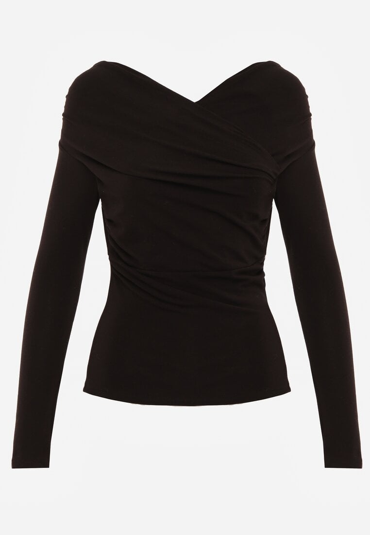 Czarna Marszczona Bluzka z Bawełną i Dekoltem w Łódkę Orinlia