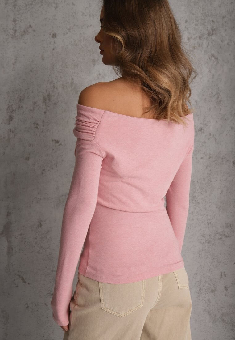 Różowa Marszczona Bluzka z Bawełną i Dekoltem w Łódkę Orinlia